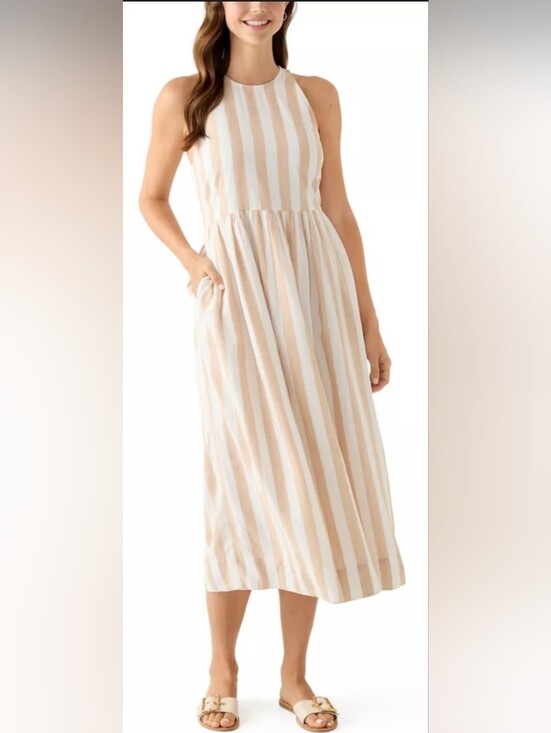 crown & ivy Dresses & Skirts - Crown & Ivy Linen Blend Striped Maxi Dress Size 12 Pockets Coastal